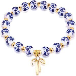 Bow Charm Bracelet for Women Vintage Flower Beaded Handmade Gold Dainty Stretch